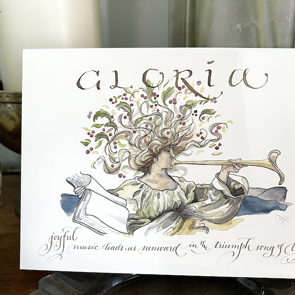 Cartões de Natal ou Ano Novo com aquarela de trompete Gloria, 5x7” ex-pesado, 16pt, painel PLANO (não dobrável), conjunto de 20 com envelopes