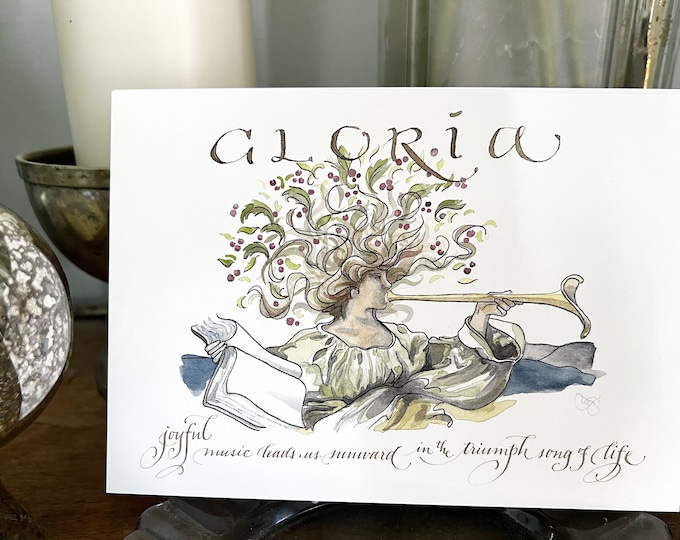 Gloria trumpet watercolor art Christmas or New Years cards, 5x7” ex-heavy 16pt FLAT panel (not bifold) cards, set of 20 with envelopes