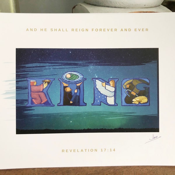 And He Shall Reign, King of Kings kunstenaarskerstkaarten, 5 x 7" zwaargewicht 16 pt chique flatpanelkaarten, sets van 20 of 10