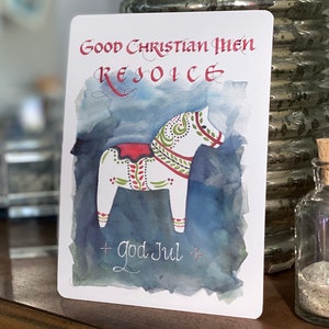 Buenos hombres cristianos, ¡alegraos! Tarjetas navideñas con arte de Dala Horse, panel mate plano de esquinas redondeadas de 5x7” de peso pesado y 14 puntos, juego de 20 con env