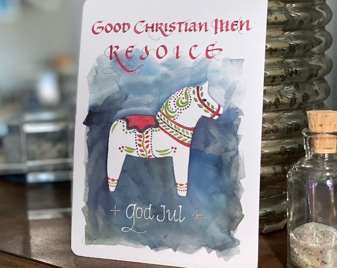 Good Christian Men, Rejoice! Dala Horse art Christmas cards, 5x7” heavyweight 14pt rounded-corner flat matte panel, set of 20 with env