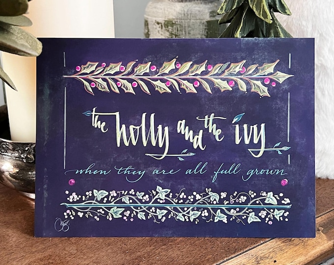 Holly and Ivy artist Christmas or New Years cards, 5x7” ex-heavy 16pt matte finish FLAT panel (not bifold) cards, set of 20 with envelopes