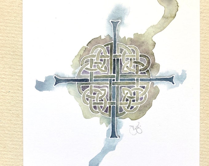 Celtic Cross notecards in watercolor sage green, 4x6” heavyweight 14pt flat panel blank cards, set of 12