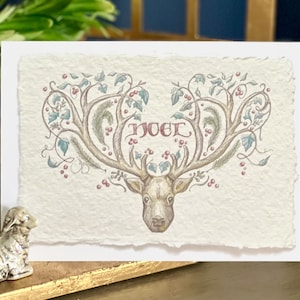 Stag's Head "Noel"-kalligrafiekerstkaarten, ambachtelijke 5 x 7" zware GEVOUWEN kaarten, set van 20 met witte A7-envs, optionele bijpassende zegels