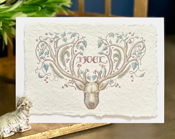 Stag's Head "Noel" calligraphy Christmas cards, artisan 5x7” heavy FOLDED cards, set of 20 w/ white A7 envs, optional matching seals