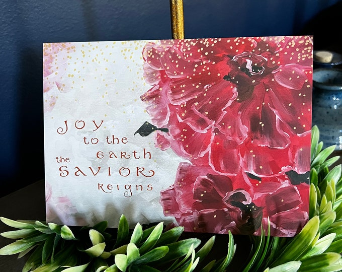 Joy to the Earth red floral art Christmas cards, 5x7” ex heavyweight 14pt FLAT panel cards, set of 20 with env