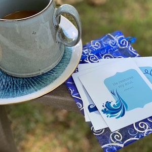 Pacote de incentivo, conjunto de 5 cartões de escrituras de veludo macio com dupla face em saco de organza azul, com nota personalizada sua, enviado GRATUITAMENTE