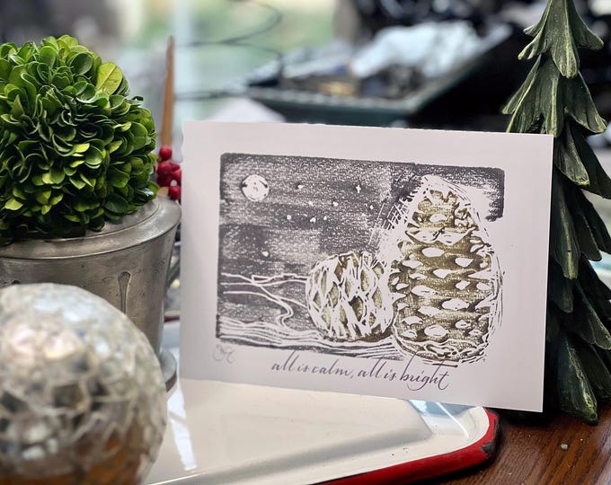 Winter pinecone handcut art Christmas cards, 5x7” heavy 14pt FLAT panel (not bifold) printed front, blank back, set of 20 with envelopes