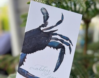 Crabby Day watercolor art notecards, 4x6 FOLDED heavy 14 pt blank cards, set of 12 w/ matching self-seal env