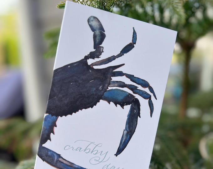 Crabby Day watercolor art notecards, 4x6 FOLDED heavy 14 pt blank cards, set of 12 w/ matching self-seal env