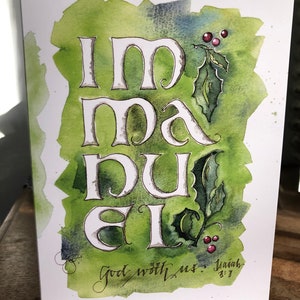 Immanuel, middeleeuwse aquarel kalligrafie kerstkaarten, ambachtelijke 5 x 7" zware BIFOLD kaarten, set van 20 met witte A7-enveloppen