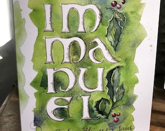 Immanuel, medieval watercolor calligraphy Christmas cards, artisan 5x7” heavy BIFOLD cards, set of 20 with white A7 envelopes