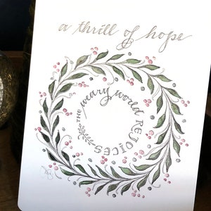 A Thrill of Hope wreath art Christmas cards, 5x7” heavy matte 16pt rounded-corner FLAT panel cards, set of 20 with envelopes