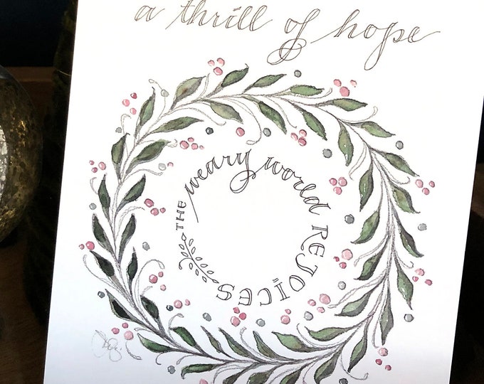 A Thrill of Hope wreath art Christmas cards, 5x7” heavy matte 16pt rounded-corner FLAT panel (not bi-fold) cards, set 20 w/ envs, opt seals