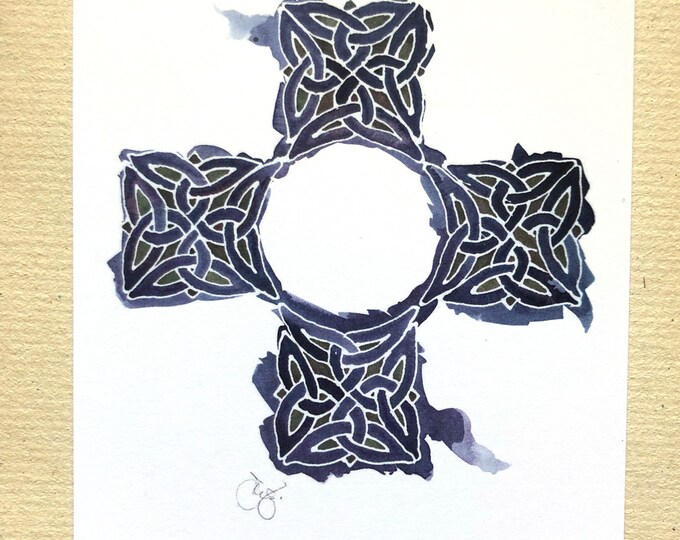Celtic Cross notecards in indigo blue watercolor, 4x6” heavyweight 14pt FLAT (not bifold) blank artist cards, set of 12 w/ envs