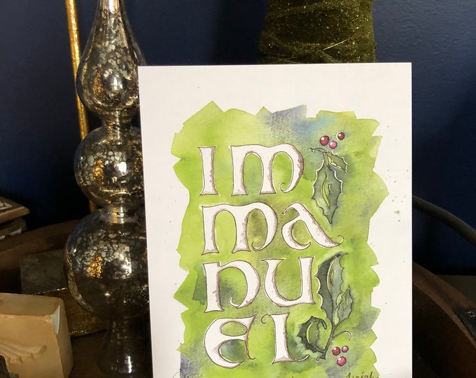 Immanuel, oversized display Christmas art card, medieval watercolor, 6x9” ex-heavy 24 pt for decor or special loved one, ships FREE