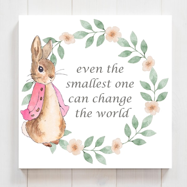 Instant PNG Download, Flopsy Rabbit, Bunny In Pink Jacket, Floral Botanical Wreath, 'Even The Smallest One Can Change The World'
