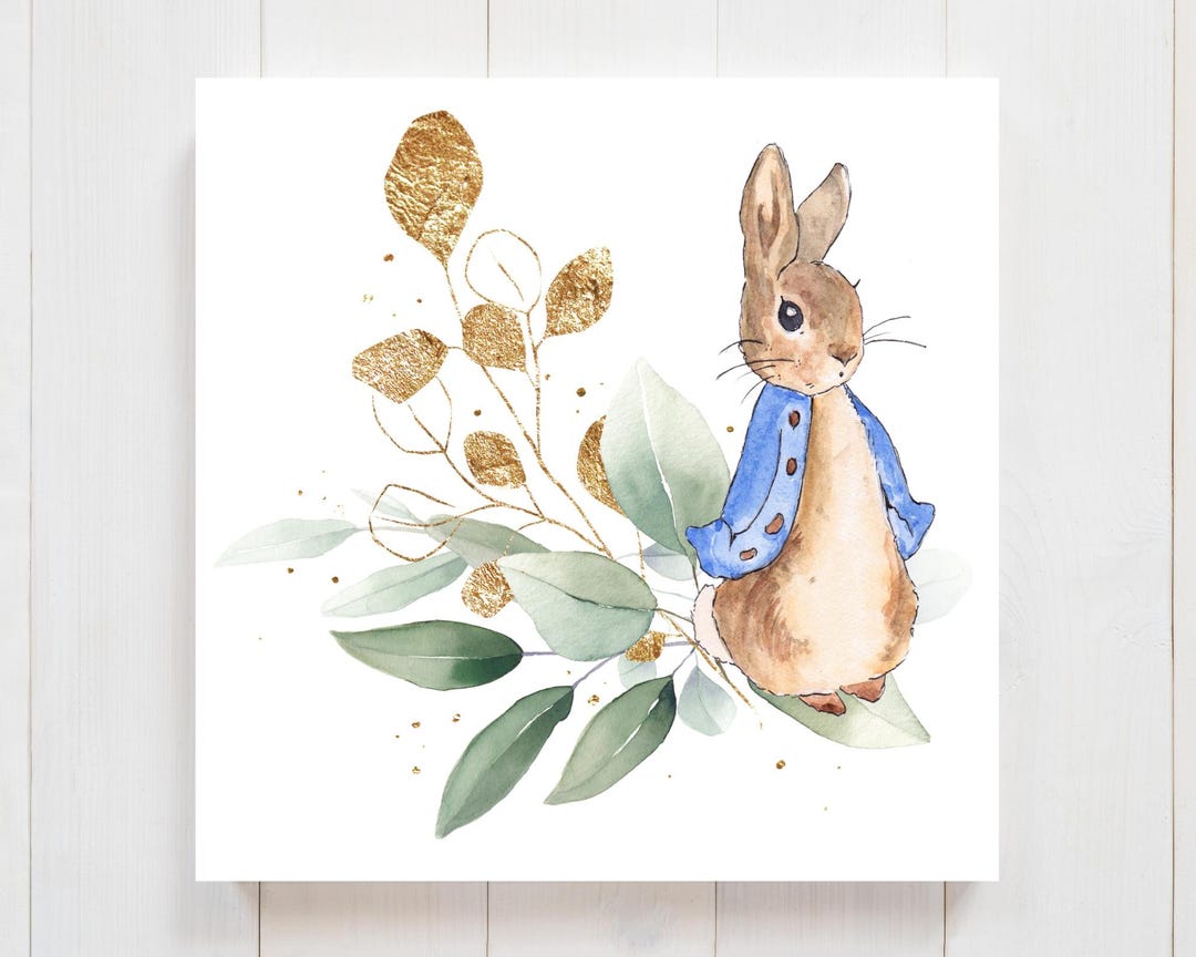 Peter Rabbit in Blue Jacket Standing on Green and Gold Botanicals ...