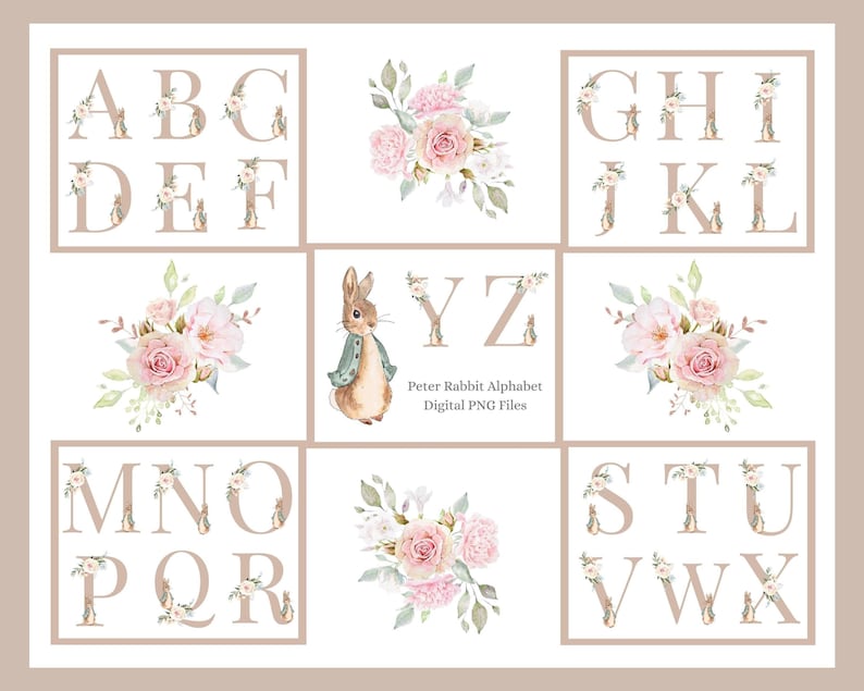 Peter Rabbit Sign Abc Instant Download, Printable PNG, Peter Rabbit Floral Alphabet ...