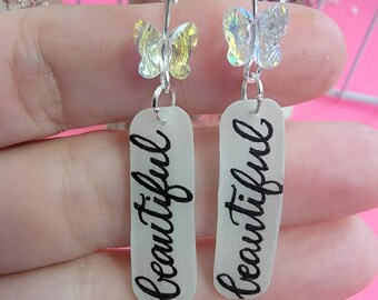 Gift for her, UV reactive/Glow in the Dark Earrings, glowing earrings, swarovski, valentines, beaded earrings, calligraphy, Love earrings