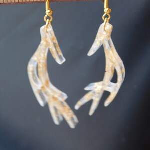 Deer Antler Earrings, clear with gold leaf, gold leaf earrings, antler earrings, woodsy, hunter Gift, nature Gift, Gift for her,