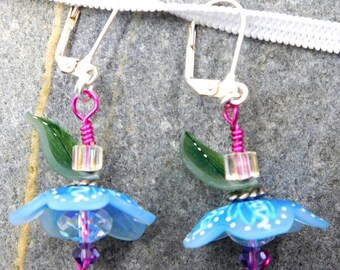 Handmade Dancing Flower Earrings: Blue Beaded Whimsical Jewelry