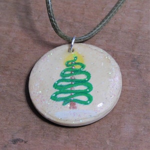 Ribbon Christmas Tree Necklace, Hand-painted wood round Necklace