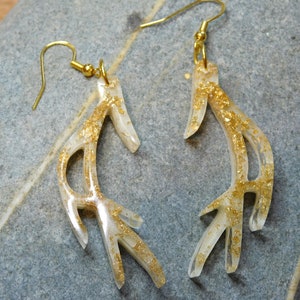 Deer Antler Earrings, clear/ivory with gold leaf, gold leaf earrings, antler earrings, woodsy, hunter Gift, nature Gift, Gift for her,