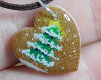 Christmas Tree Necklace, Hand-painted wood heart necklace