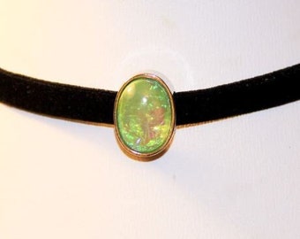 Green Milky Opal Black Velvet Choker Necklace