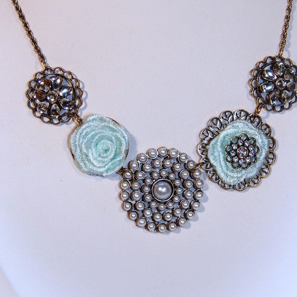 Happy Flowers Rhinestone and Pearl Teal Statement Necklace