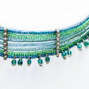 Green and Blue Ombré Beaded Statement Choker Necklace with Drops