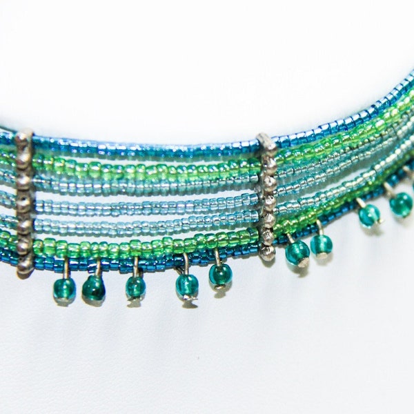 Green and Blue Beaded Choker with Drops