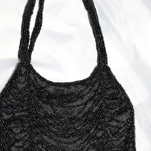 Black Silk Vintage Art Deco Flapper Handbag with Beaded Drape Evening Purse Top Bag