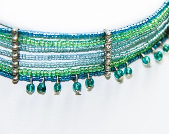 Green and Blue Beaded Choker with Drops