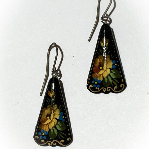 Hand-Painted Yellow and Blue Flower Wooden Earrings