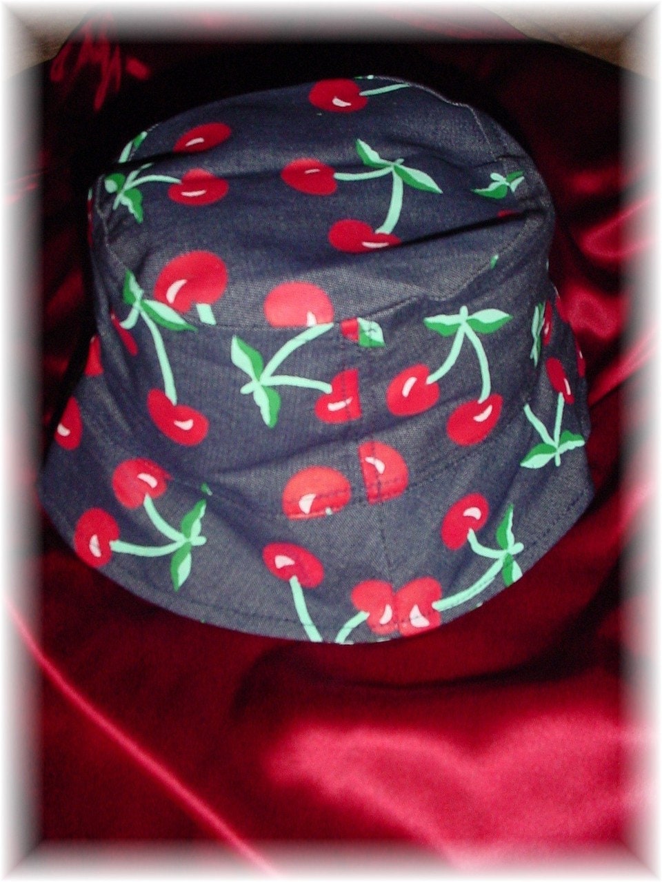 Dark Blue Denim Bucket Hat With Red Cherry Print - Etsy display picture 3