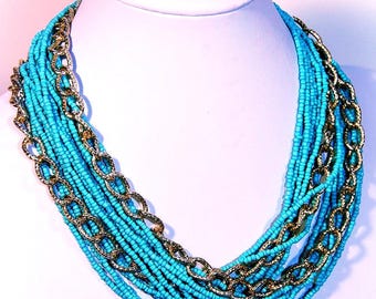 Turquoise Green Long Beaded Statement Necklace with Golden Chain Accent