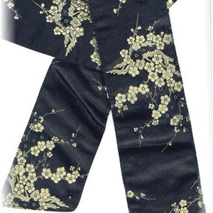 Black Silk Sash Belt with Japanese Golden Cherry Flower Design