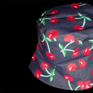 Dark Blue Denim Bucket Hat with Red Cherry Print