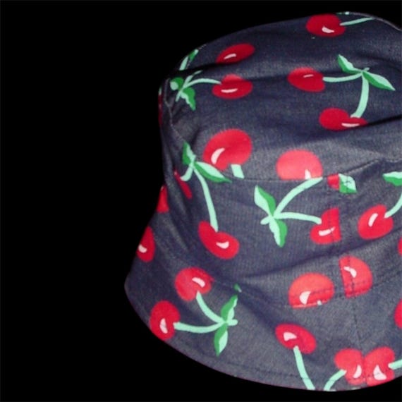 Dark Blue Denim Bucket Hat With Red Cherry Print - Etsy display picture 1