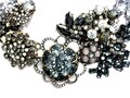 Gray, Opal Dusty Pink, and Hematite Flower Exquisite Rhinestone Gold Tone Statement Necklace