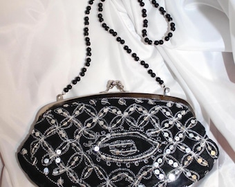 Black Velvet Vintage Clutch / Shoulder Bag with Silver Sequins and Beaded Strap