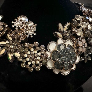 Gray, Opal Dusty Pink, and Hematite Flower Exquisite Rhinestone Statement Necklace