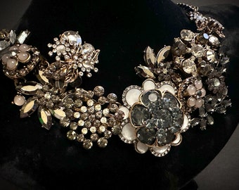 Gray, Opal Dusty Pink, and Hematite Flower Exquisite Rhinestone Statement Necklace