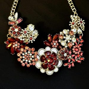 Exquisite Rhinestone Flower Statement Necklace in Ruby Red, Dark Burgundy and Opal White