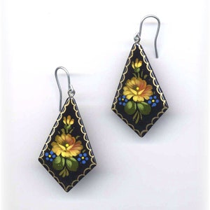 Hand-Painted Yellow and Blue Flower Wooden Earrings