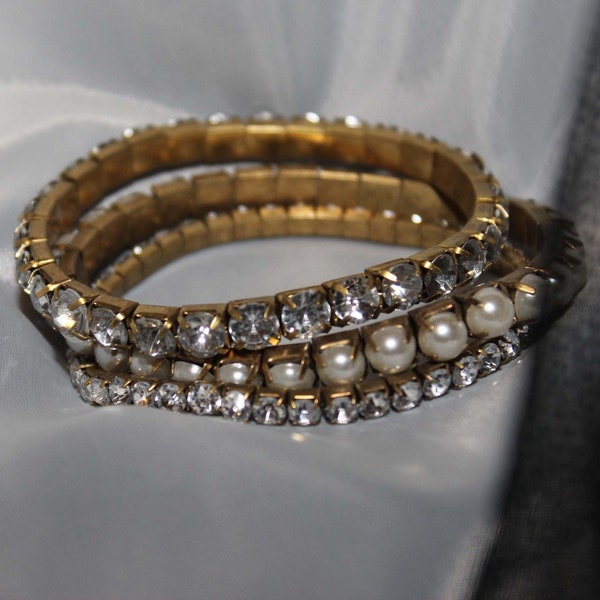 Rhinestones and Pearls Stretch Multi Row Bracelet