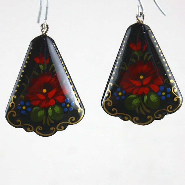 Russian Hand-Painted Black Earrings with Red Flowers