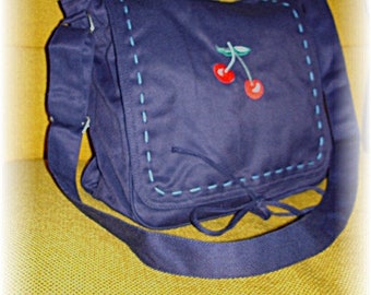 Red Cherry Messenger Bag in Blue Canvas